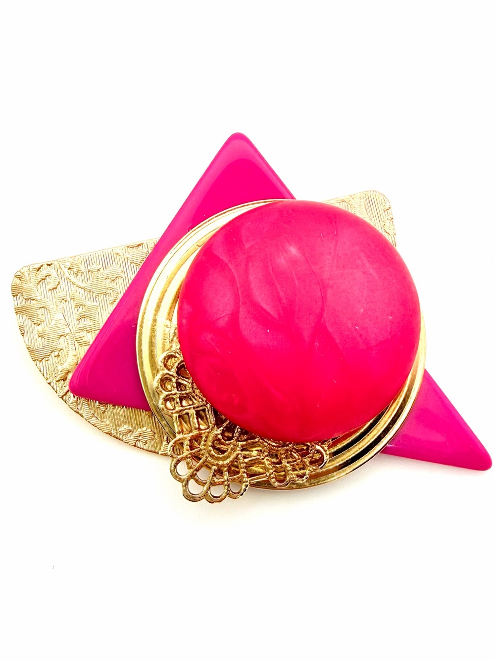 Large Postmodern Abstract Geometric Brooch Hot Pink Gold Tone Statement Pin